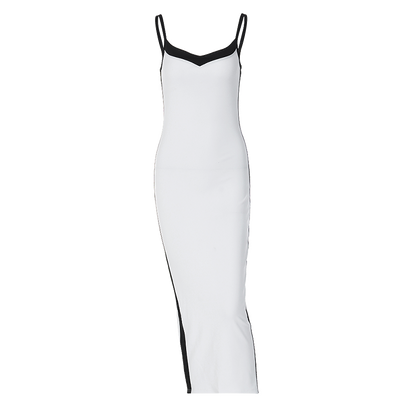 Color Bloack V Neck Sleeveless Slip Slit Sexy Bodycon Maxi Dress Y2K Outfit