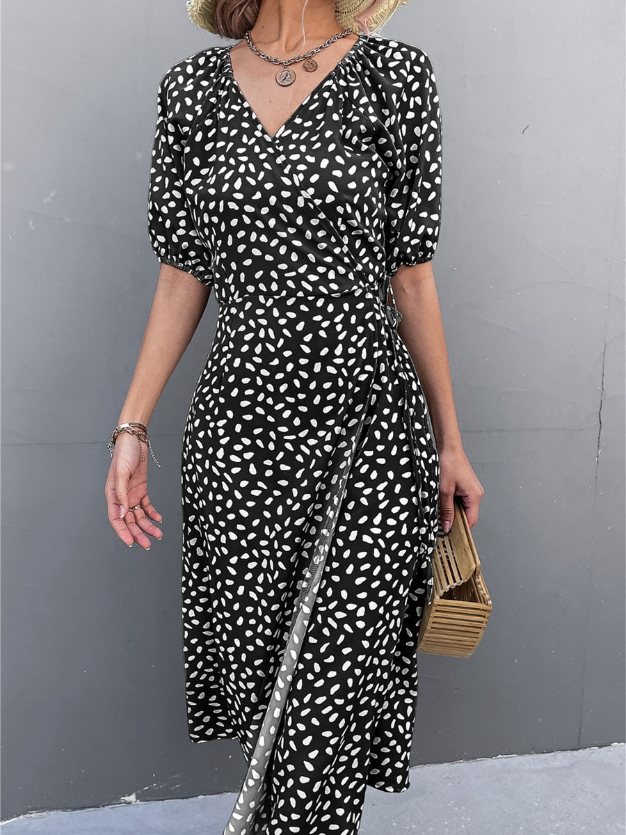Woman Short Sleeve V Neck Chiffon Wrap Dresses Polka Dot Streetwear Elegant Midi Dress