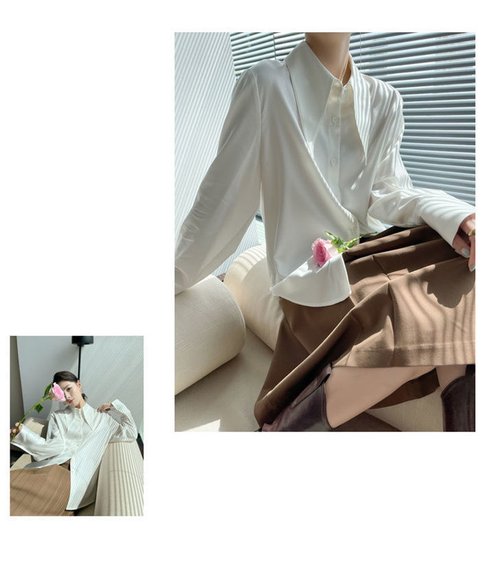 Big Pointed Collar White Blouses For Women Vintage Loose Long Sleeve Shirt