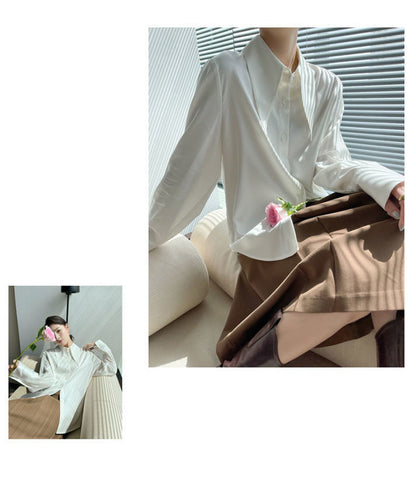 Big Pointed Collar White Blouses For Women Vintage Loose Long Sleeve Shirt