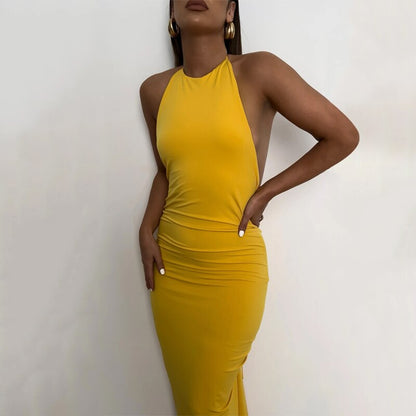 Halter Bandage Sleeveless Backless Shirring Draped Maxi Dress Sexy Streetwear