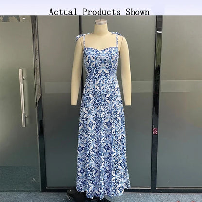 Porcelain Print Slim Strap Sleeveless Tie up Backless Split Dresses