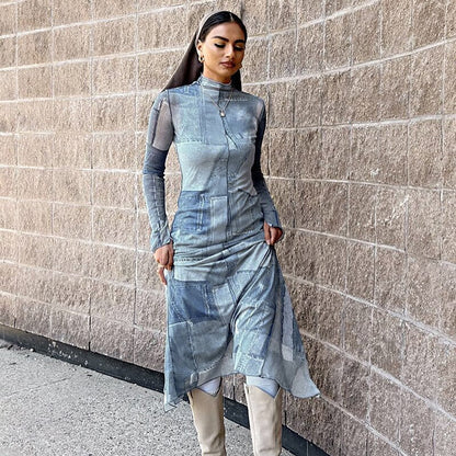 Mesh O Neck Long Flare Sleeve Print Slit Vintage Sexy Bodycon Maxi Dress