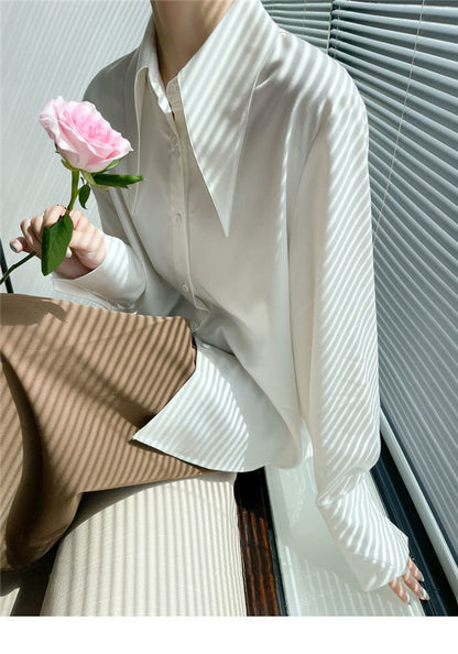 Big Pointed Collar White Blouses For Women Vintage Loose Long Sleeve Shirt