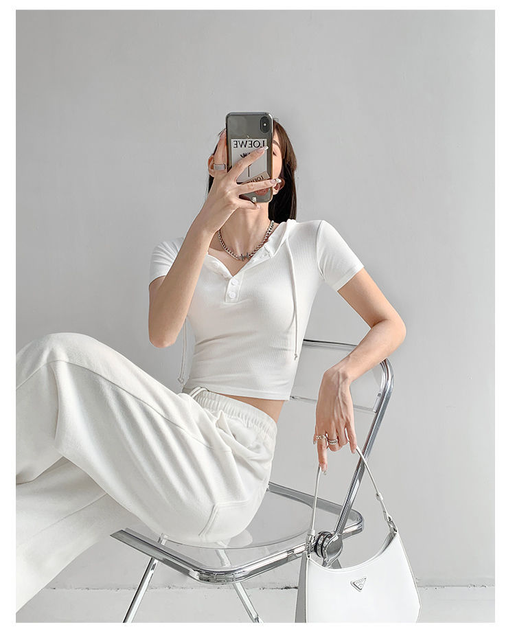 Fashion Hooded T-shirts Women Summer Tight Short Sleeve Y2k Tees Gray Crop Tops Female
