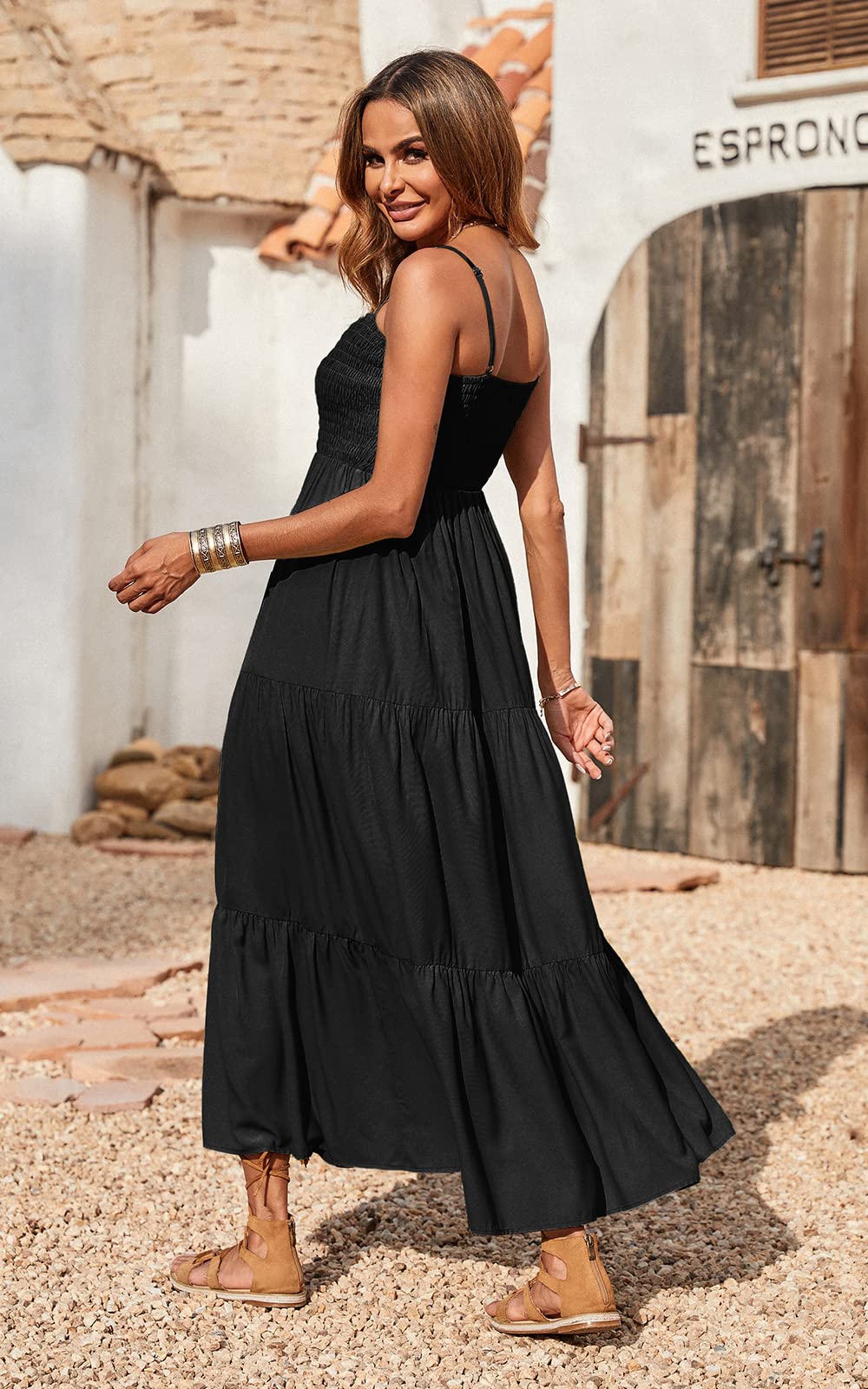 Spaghetti Strap Maxi Dress Women Summer Sleeveless Smocked Boho Long Beach Dress Sundresses