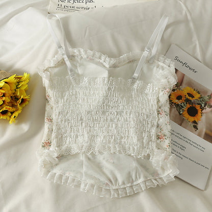 French Print Lace Cami Crop Tank Top Camisole Women&