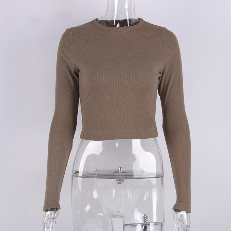 O Neck Long Sleeve Shirt Women Ribbed Sexy Cropped Tops Casual Skinny T Shirts White