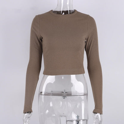 O Neck Long Sleeve Shirt Women Ribbed Sexy Cropped Tops Casual Skinny T Shirts White