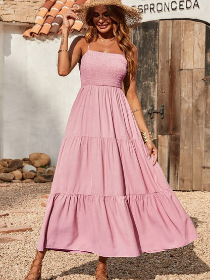 Spaghetti Strap Maxi Dress Women Summer Sleeveless Smocked Boho Long Beach Dress Sundresses