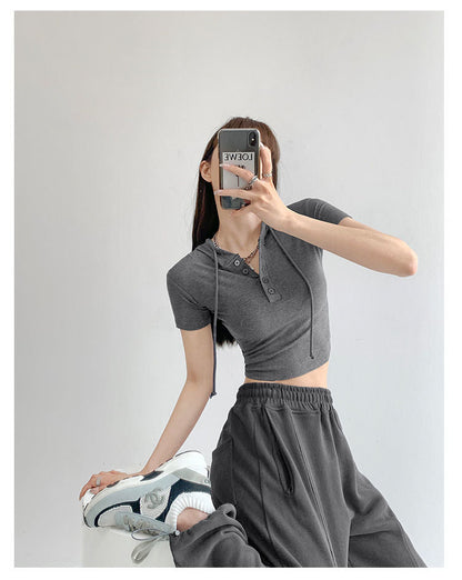 Fashion Hooded T-shirts Women Summer Tight Short Sleeve Y2k Tees Gray Crop Tops Female