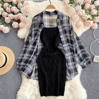 Summer Women Two Piece Set Plaid Long Sleeve Sunscreen Shirt+A-line Knitting Slip Dress