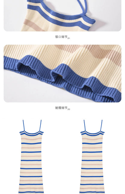 Sleeveless Slim fit Knitted Striped Mid Length Dresses