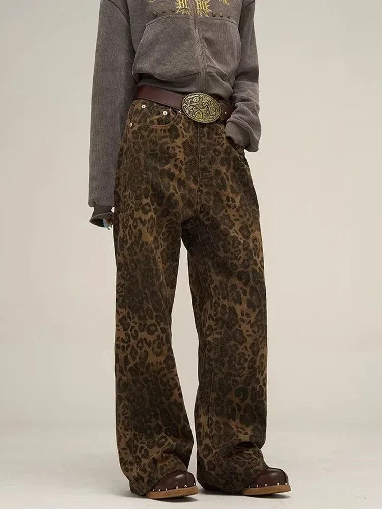 Leopard Print Y2k Jeans Women Oversized Wide Leg Denim Trousers Streetwear