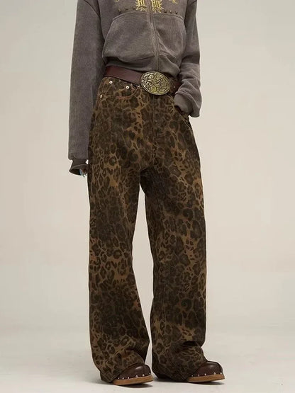 Leopard Print Y2k Jeans Women Oversized Wide Leg Denim Trousers Streetwear
