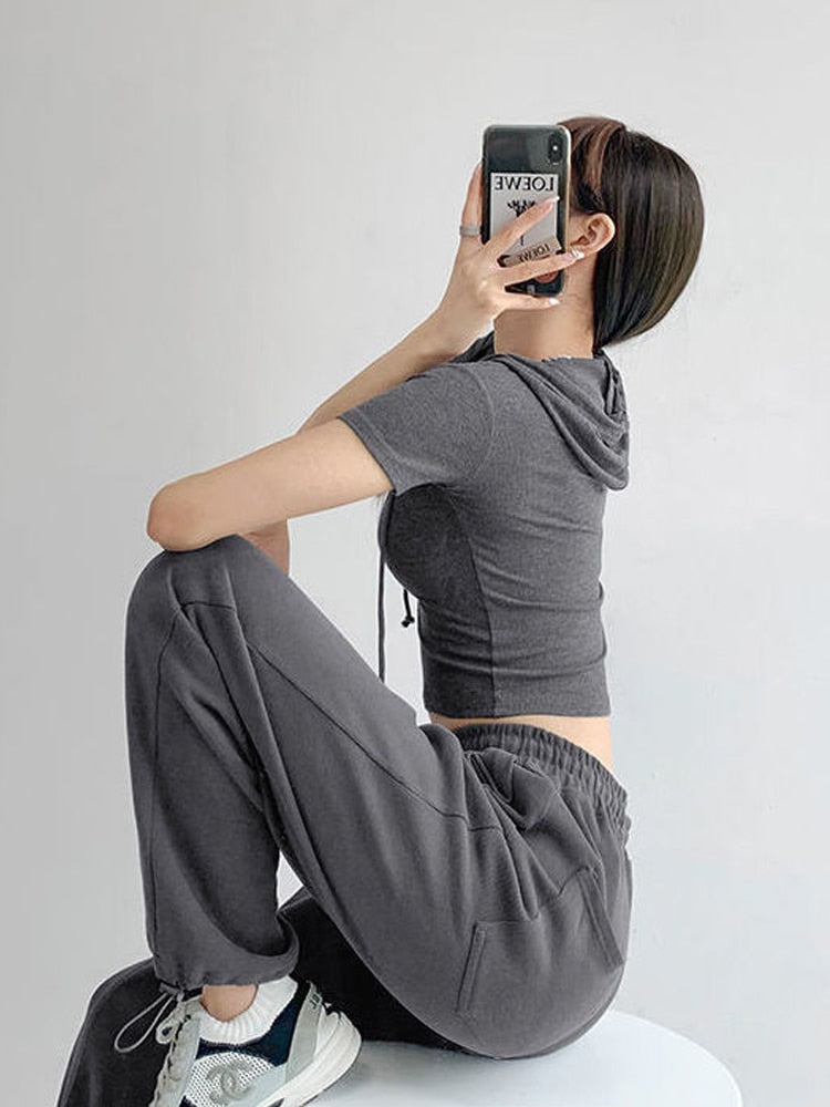 Fashion Hooded T-shirts Women Summer Tight Short Sleeve Y2k Tees Gray Crop Tops Female