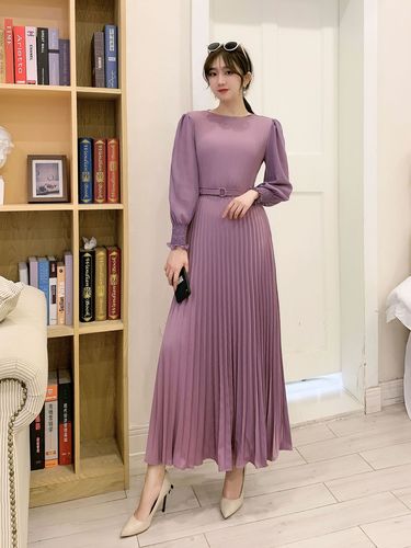O-neck Long Sleeve A-line Dress Office Lady  Pleated Maxi Dress