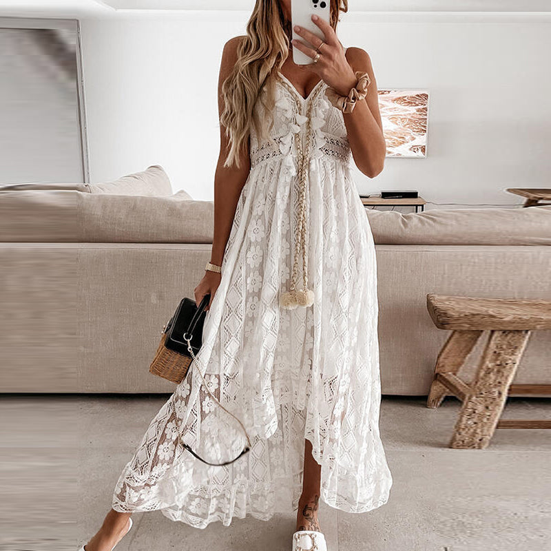 Women Dress Beach Style Elegant White Lace Spaghetti Srap Sundress Female Hollow Out Boho