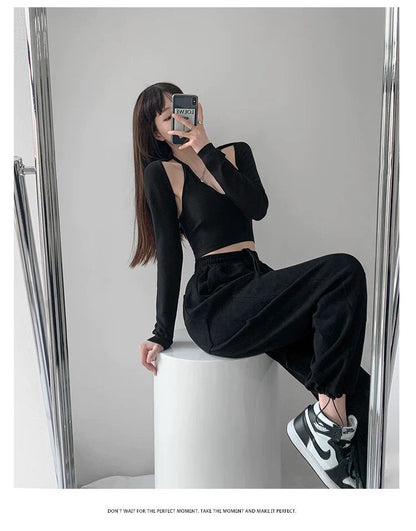 Y2K T-shirt Two Piece Women Long Sleeve Smock+Knitted Halterneck Camis Skinny Cropped Tops Woman