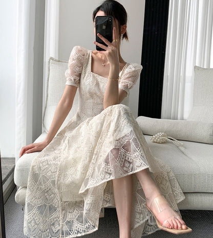 Vintage Square Collar Lace Dress Women Short Sleeve Slim Waist Embroidery Female