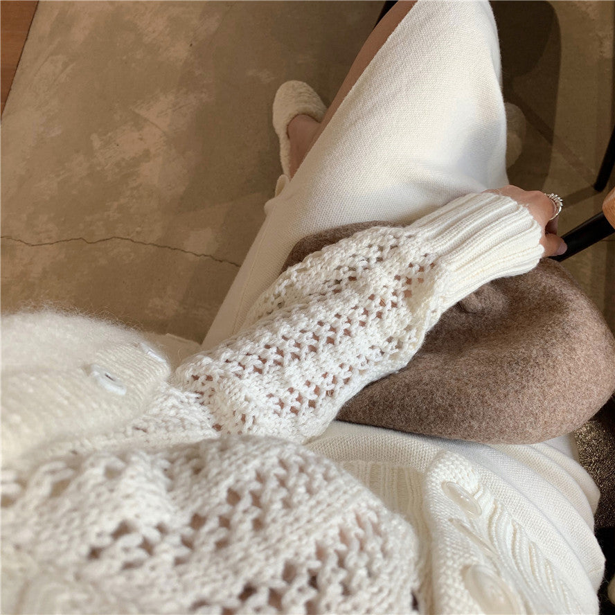 Women Hollow Sweater Cardigan Outerwear V Neck Button Knitted Tops Jackets