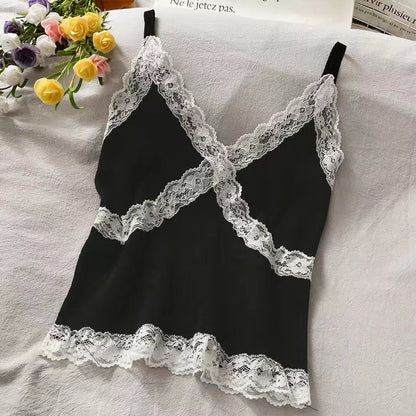 Lace Cami Y2k Tank Top Female V Neck Sleeveless Sexy Blouse Cropped Camisole Knitwear
