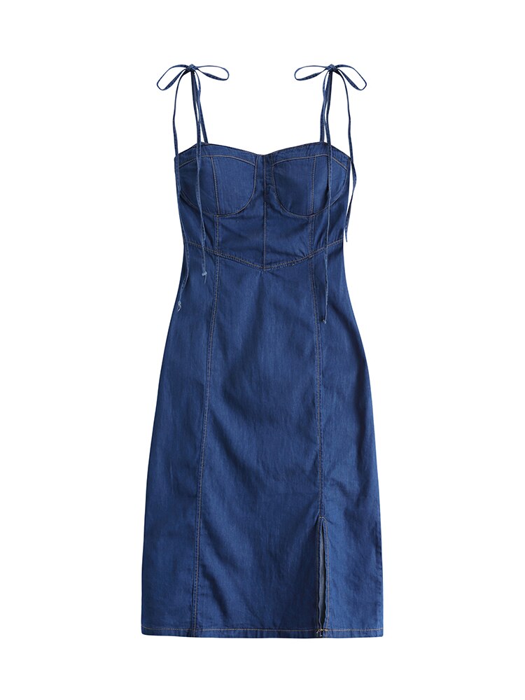 Summer Women Sexy Slip Denim Dress Strapless Lace-up High Waist Dress
