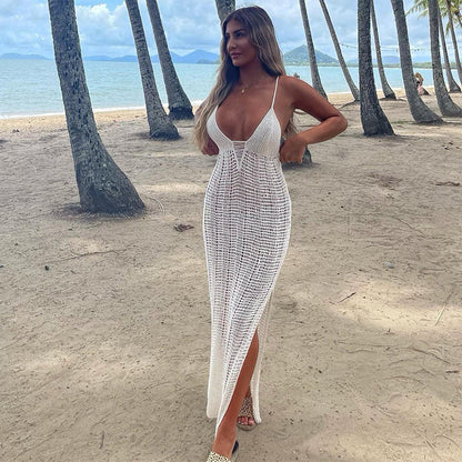 Spaghetti Strap Backless V-neck Loose Beach Dress Women&