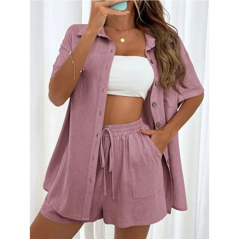 Solid Color Casual Loose Short Pants Sets For Women