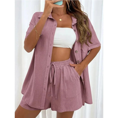 Solid Color Casual Loose Short Pants Sets For Women
