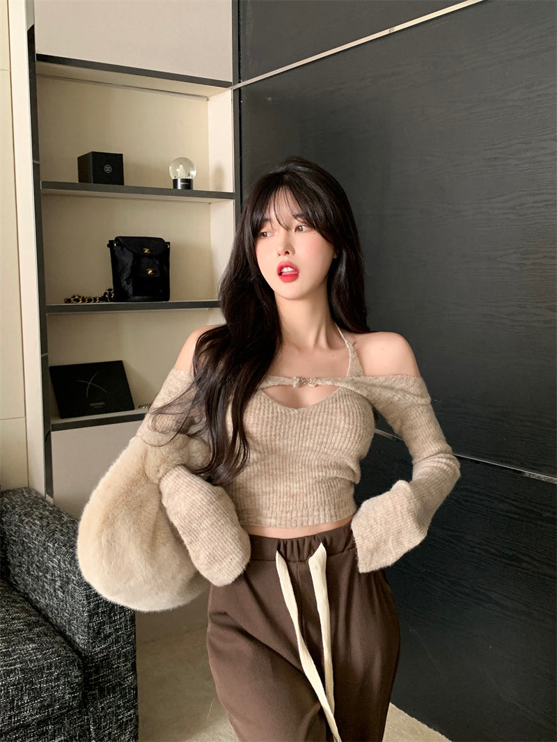 Off Shoulder Tops Women Skinny Slash Neck Halterneck Knitted Shirts y2k Summer 2022