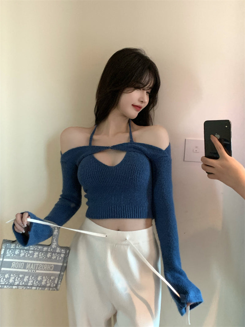 Off Shoulder Tops Women Skinny Slash Neck Halterneck Knitted Shirts y2k Summer 2022
