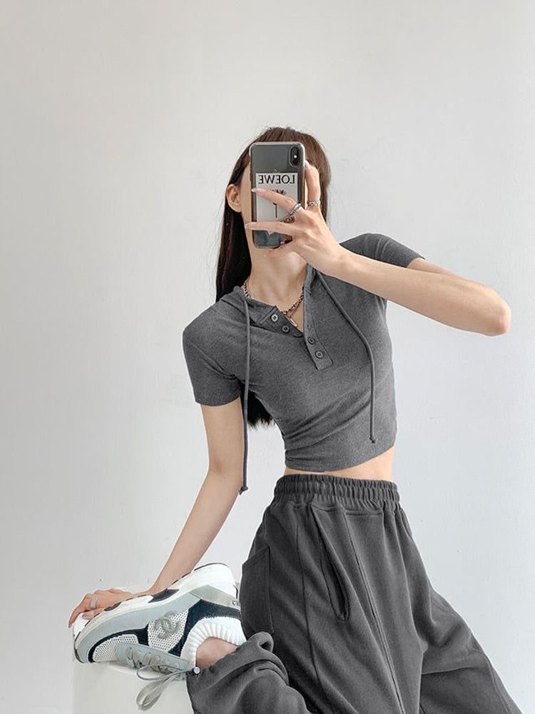 Fashion Hooded T-shirts Women Summer Tight Short Sleeve Y2k Tees Gray Crop Tops Female