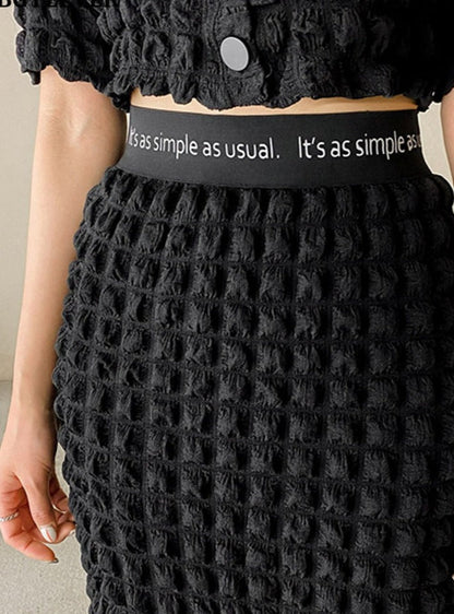 Summer Ladies 2 Pieces Skirt Set Short Sleeve Single-breasted Tops &amp; High Waist
