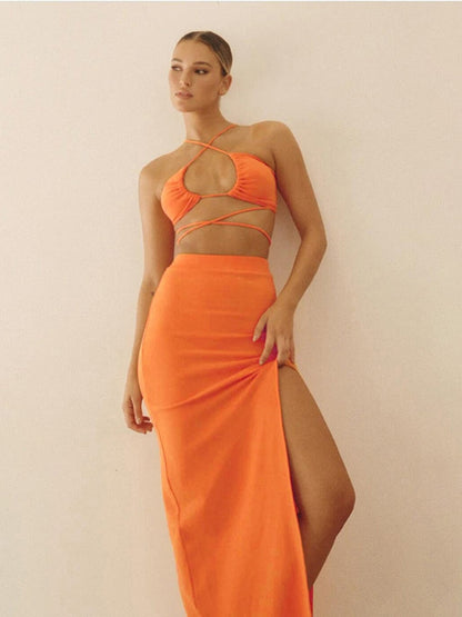 Cryptographic Bandage Cut Out Sexy Halter Neck Top and Skirts Set Gathered Elegant