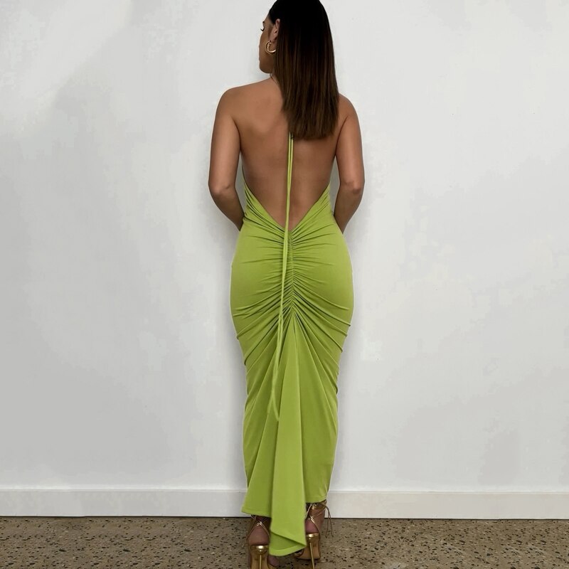 Halter Bandage Sleeveless Backless Shirring Draped Maxi Dress Sexy Streetwear