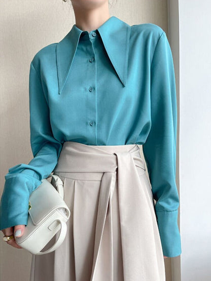 Big Pointed Collar White Blouses For Women Vintage Loose Long Sleeve Shirt
