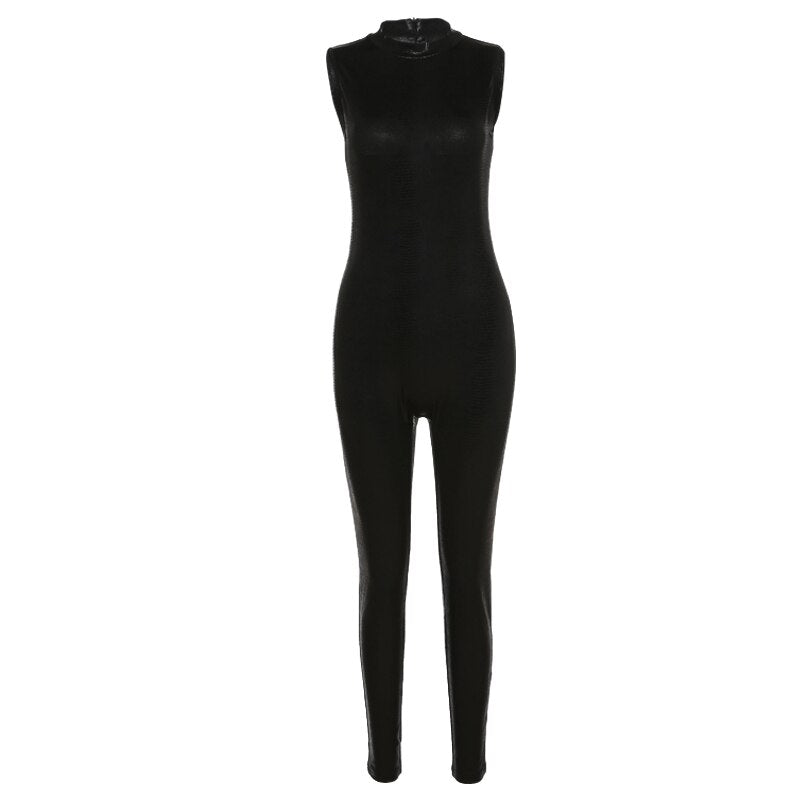 PU Leather Sleeveless Turtleneck Zipper Women Jumpsuit 2022 Casual Street Style Sports Fitness