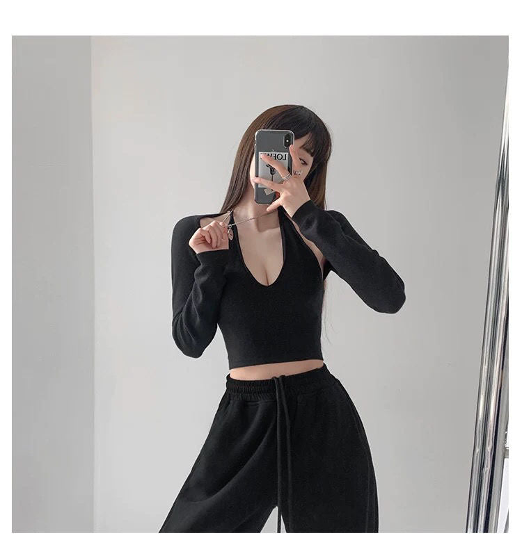 Y2K T-shirt Two Piece Women Long Sleeve Smock+Knitted Halterneck Camis Skinny Cropped Tops Woman