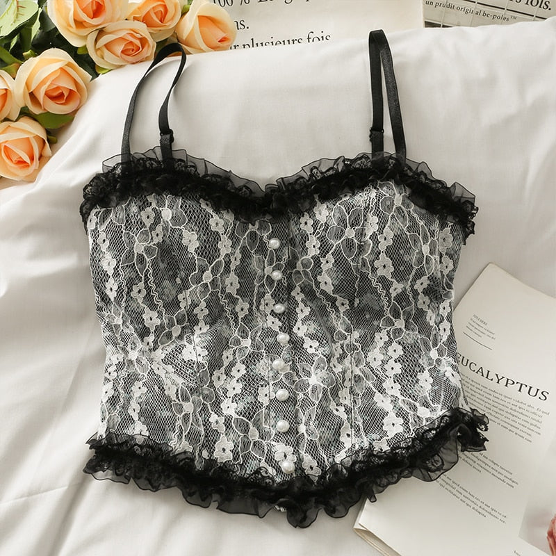 French Print Lace Cami Crop Tank Top Camisole Women&