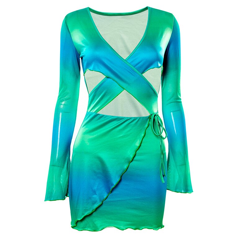 Sexy Tie Dye Bodycon Mini Dress Women Hollow Out Long Sleeve Mesh Skinny Summer 2022