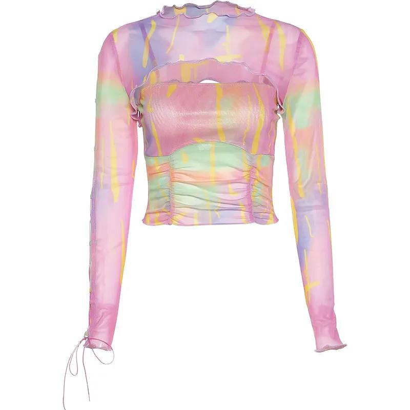 Hollow Bandage T-Shirt Women Sweet Suits Color Pattern Mesh Camisole + Long Sleeve Smock Female