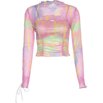 Hollow Bandage T-Shirt Women Sweet Suits Color Pattern Mesh Camisole + Long Sleeve Smock Female