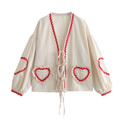 Heart Pockets Ladies V Neck Bow Buttons Blouses
