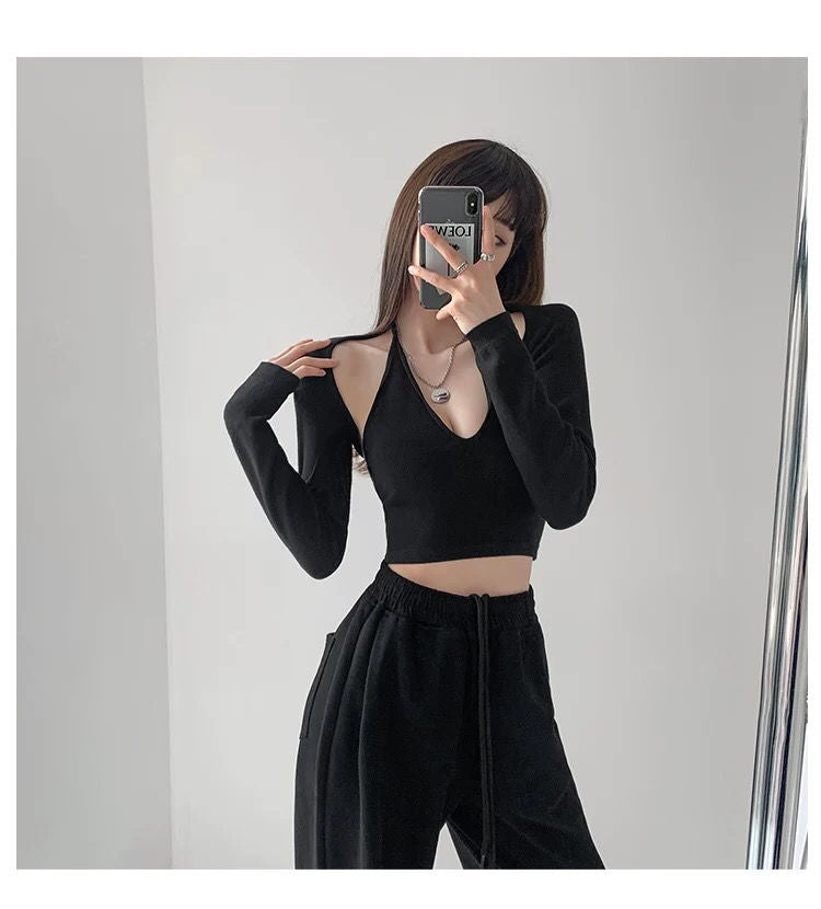 Y2K T-shirt Two Piece Women Long Sleeve Smock+Knitted Halterneck Camis Skinny Cropped Tops Woman