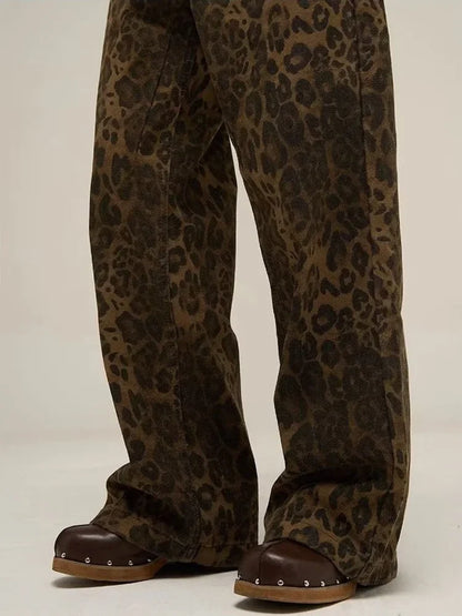 Leopard Print Y2k Jeans Women Oversized Wide Leg Denim Trousers Streetwear