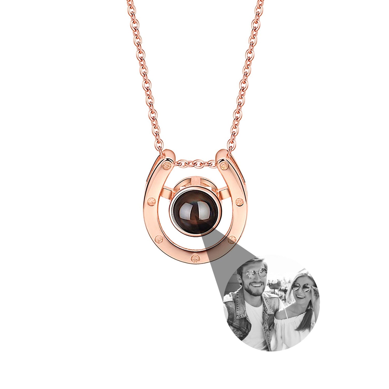A horseshoe shaped projection necklace with customizable photos Valentine&
