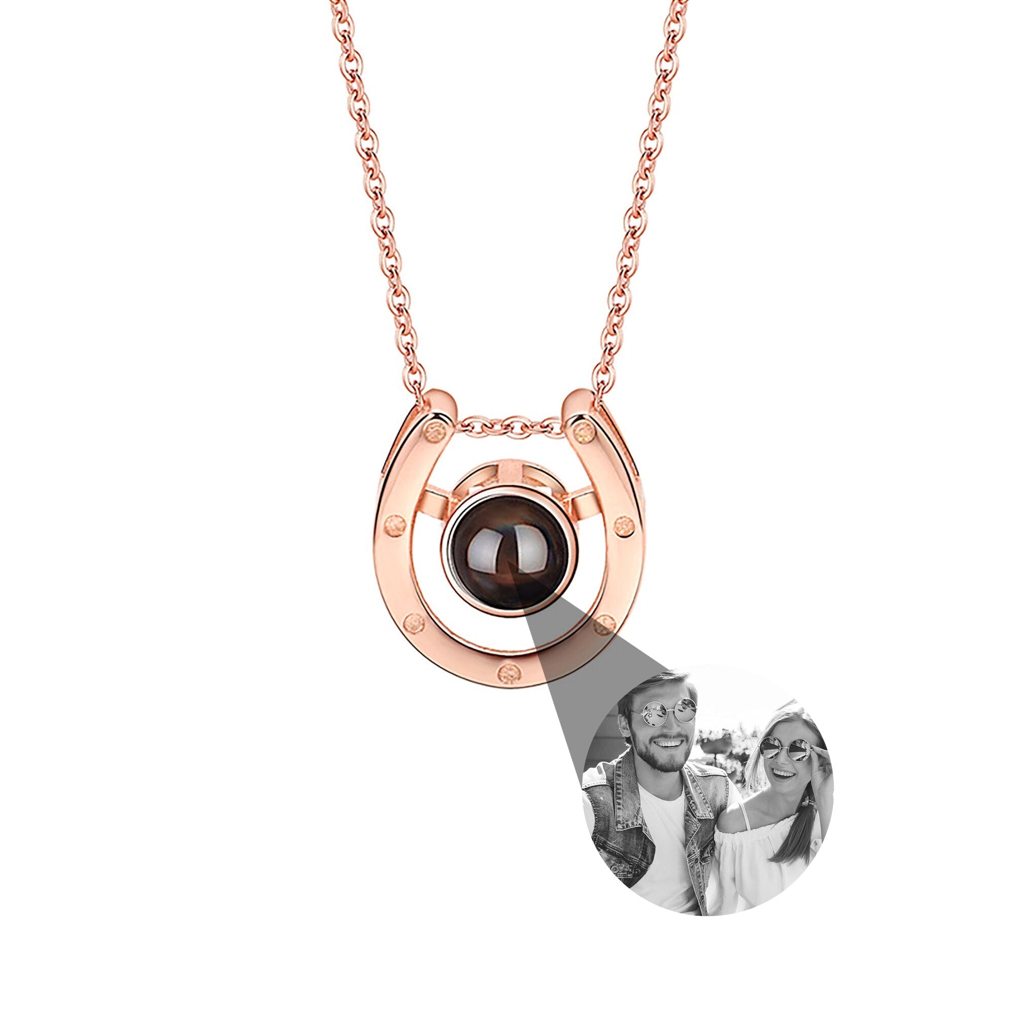 A horseshoe shaped projection necklace with customizable photos Valentine&