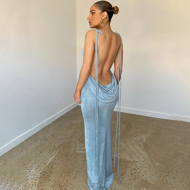 Collar Backless Sleeveless Drawstrings Hollow Out Slit Sexy Maxi Prom Dress