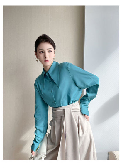 Big Pointed Collar White Blouses For Women Vintage Loose Long Sleeve Shirt
